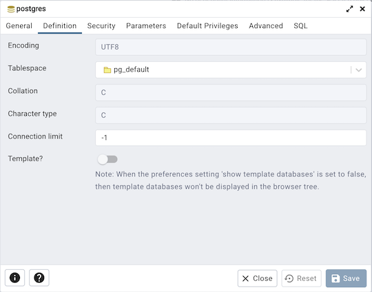 Database dialog definition tab