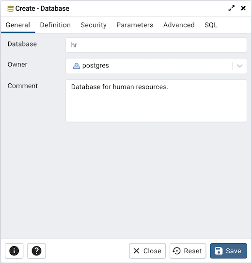 Database dialog general tab