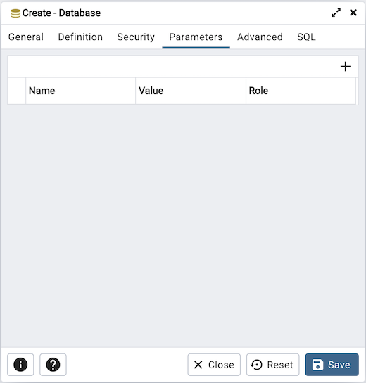 Database dialog parameters tab