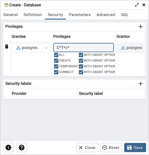 Database dialog security tab