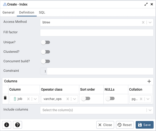 Index dialog definition tab