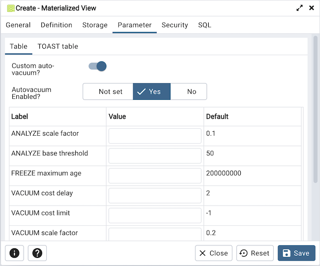 Materialized view dialog parameter tab