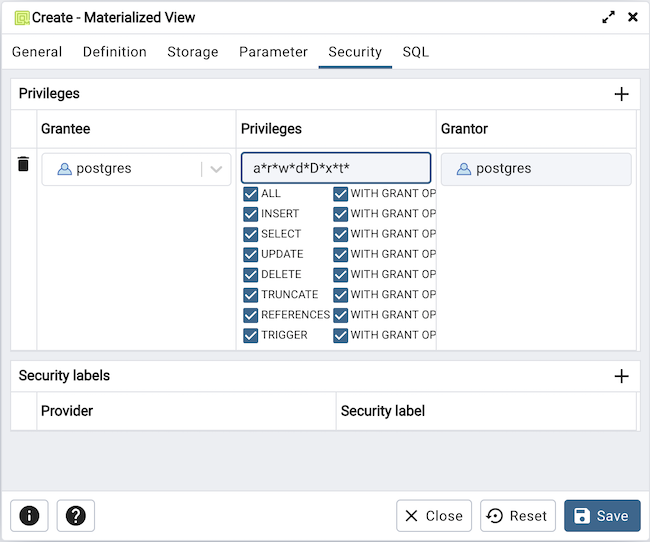 Materialized view dialog security tab