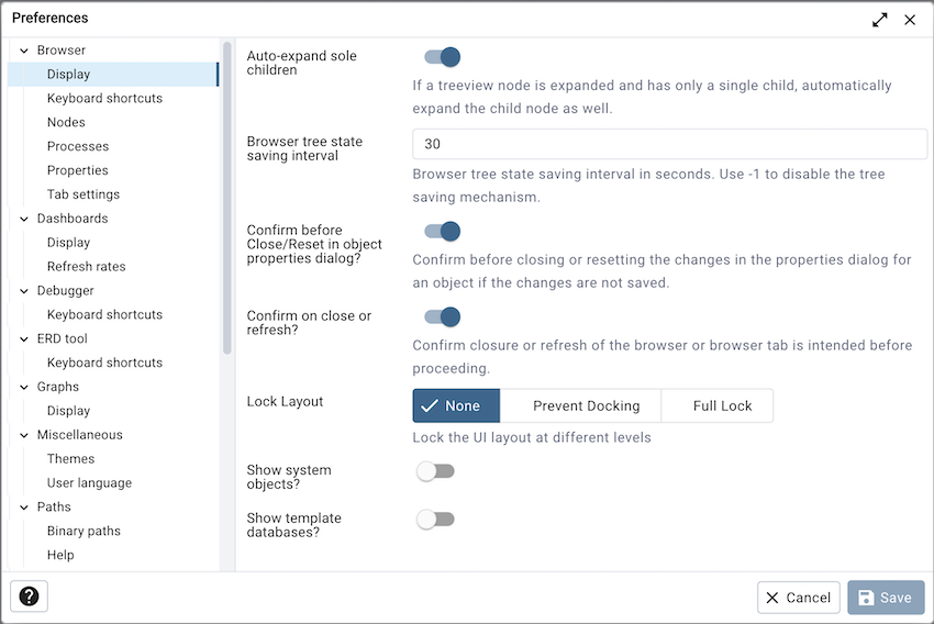 Preferences dialog browser display options