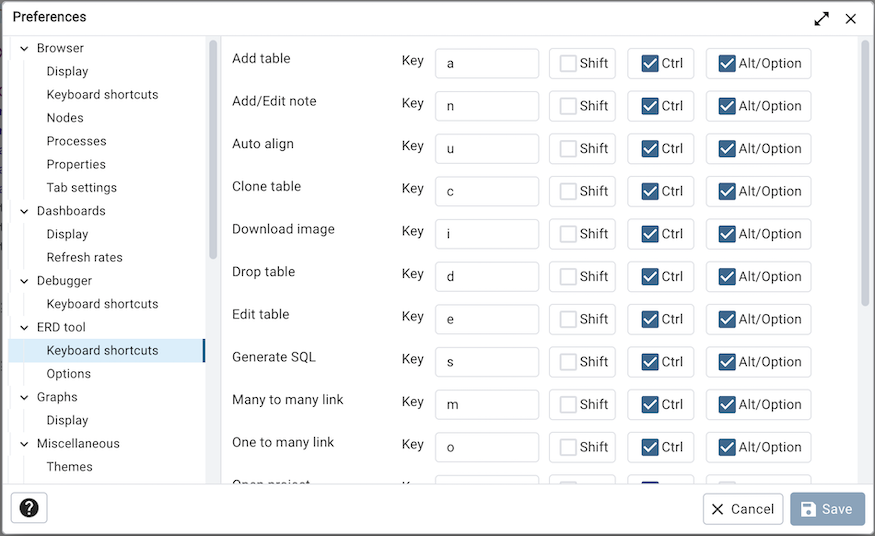 Preferences dialog erd keyboard shortcuts section