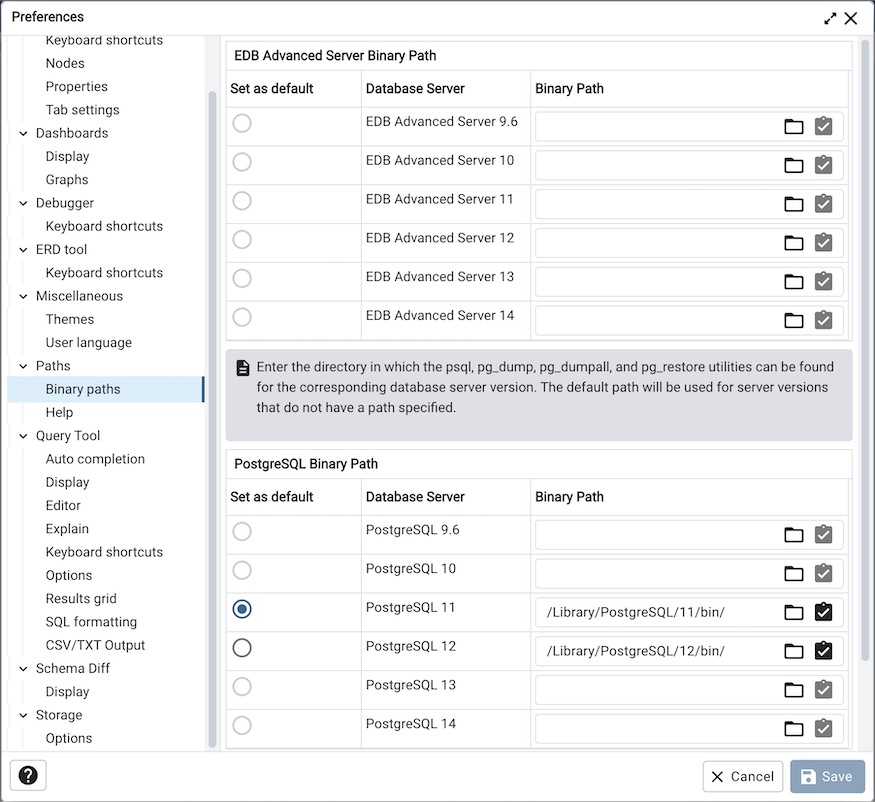 Preferences dialog binary path section