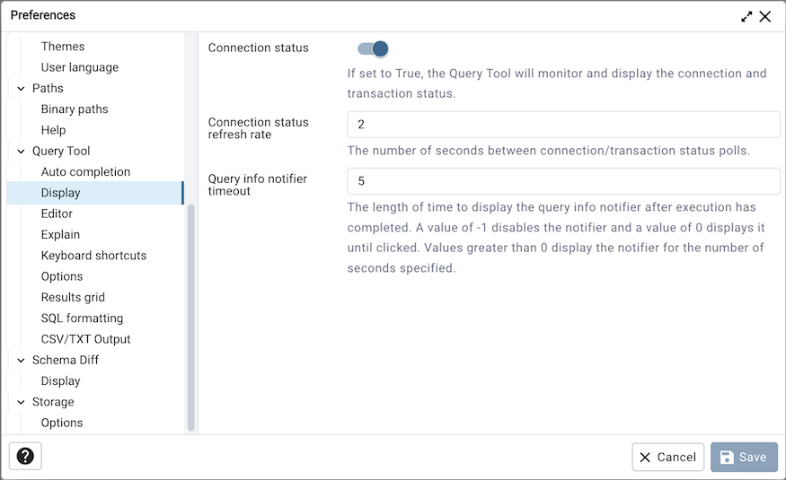 Preferences dialog sqleditor display options