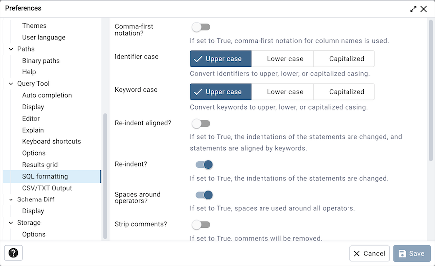 Preferences dialog SQL Formatting section