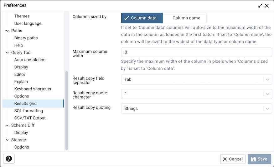 Preferences dialog sql results grid section