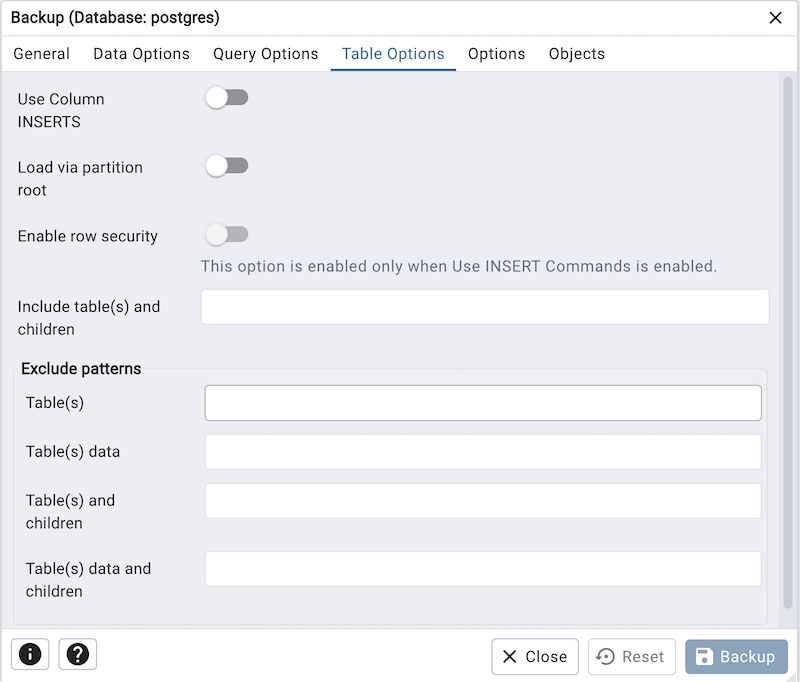 Backup dialog tables section