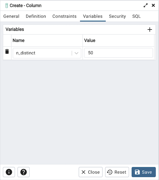 Column dialog variables tab