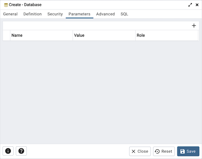 Database dialog parameters tab