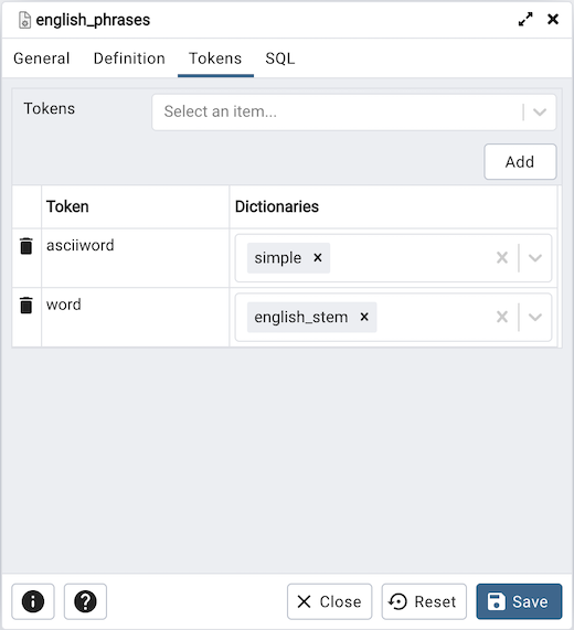 FTS configuration dialog tokens tab