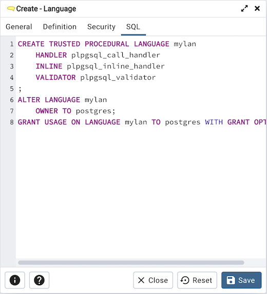 Language dialog sql tab