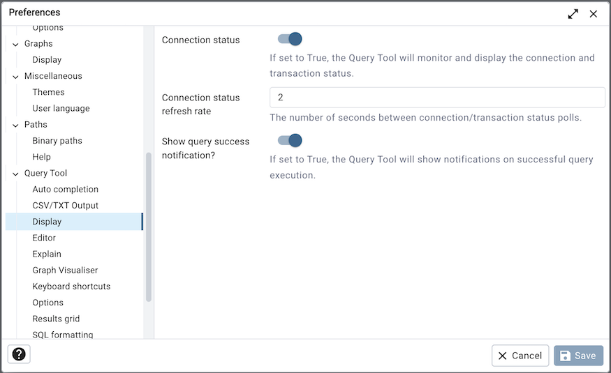 Preferences dialog sqleditor display options