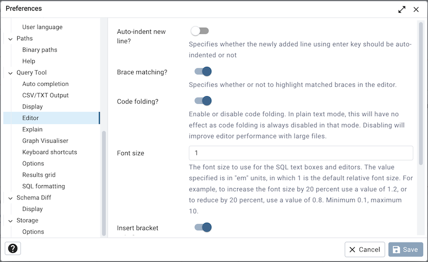 Preferences dialog sqleditor editor settings