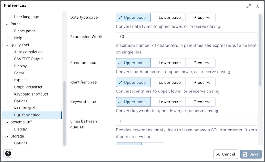 Preferences dialog SQL Formatting section