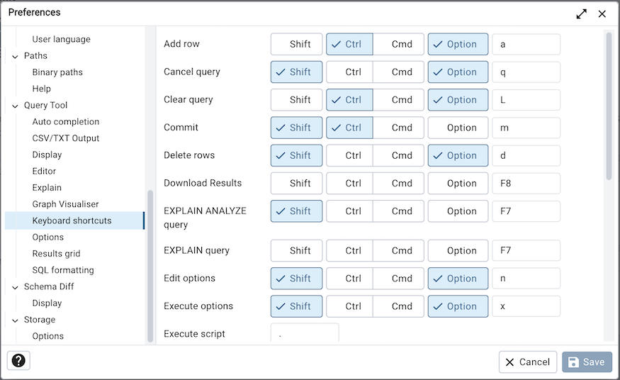 Preferences dialog sql keyboard shortcuts section