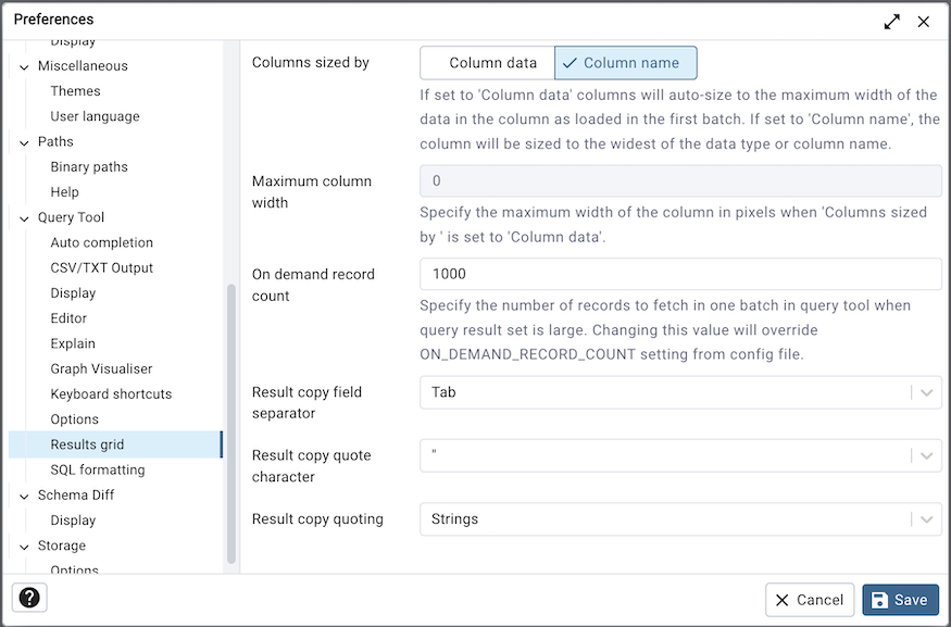 Preferences dialog sql results grid section