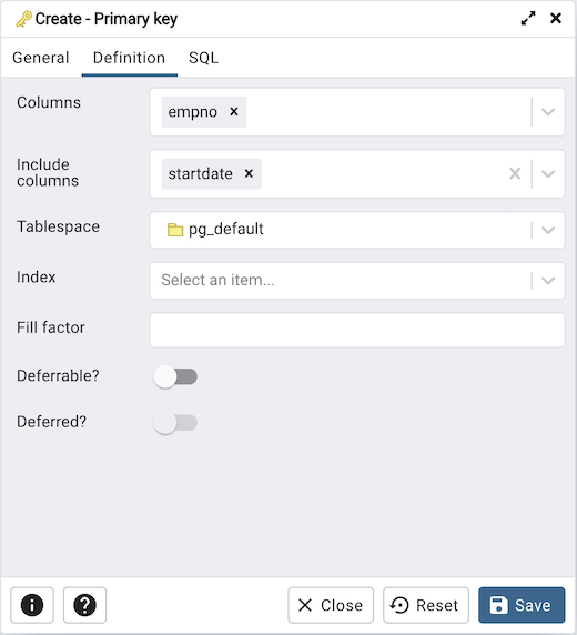 Table dialog primary key constraint definition