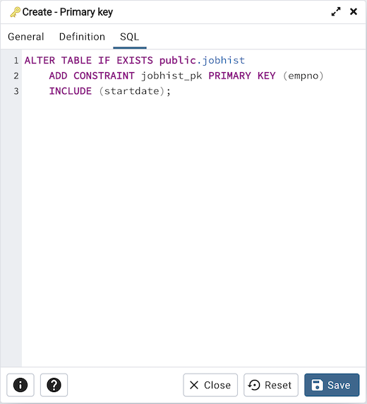 Primary key dialog sql tab