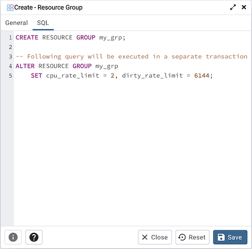 Resource Group dialog sql tab