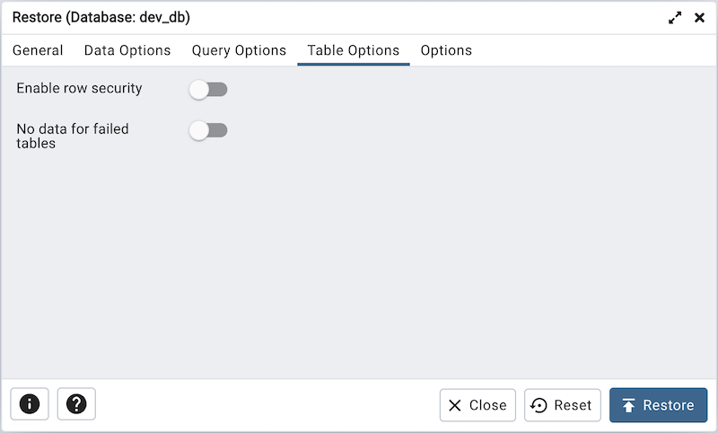 Restore dialog tables section