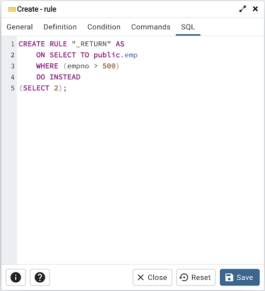 Rule dialog sql tab