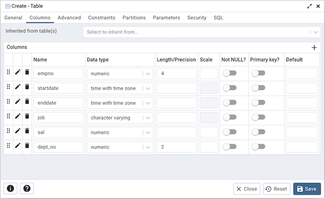 Table dialog columns tab