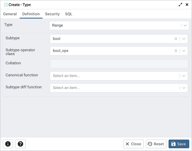 Type dialog range section