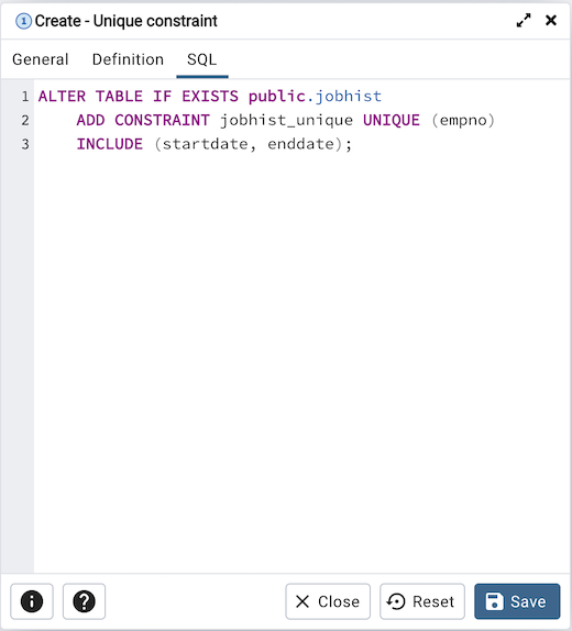 Unique Constraint dialog sql tab