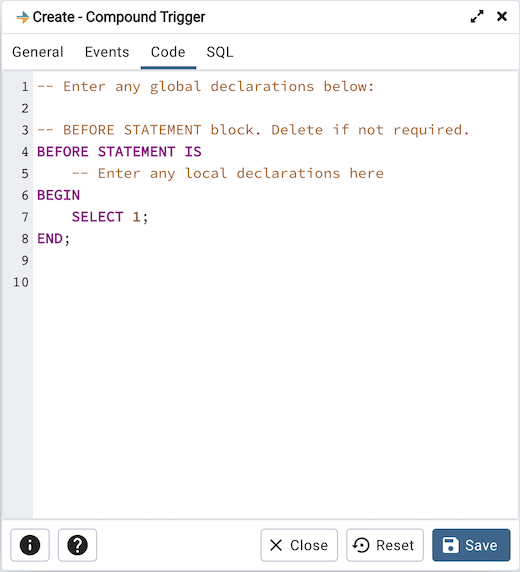 Compound Trigger dialog code tab