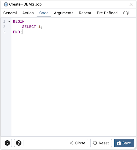 DBMS Job dialog code tab