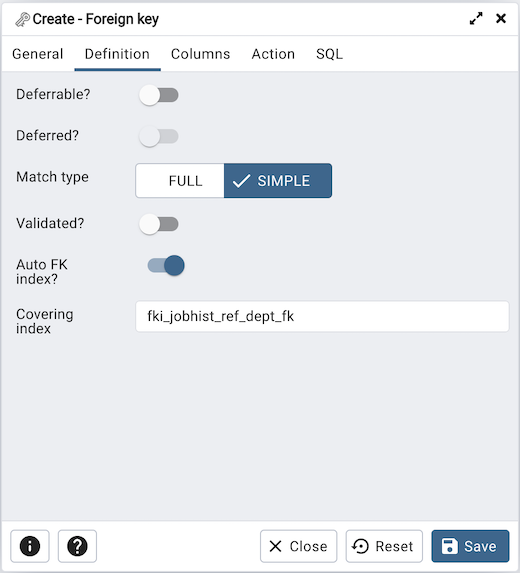 Foreign key dialog definition tab