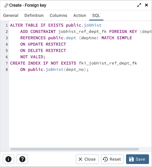 Foreign key dialog sql tab