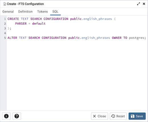 FTS configuration dialog sql tab