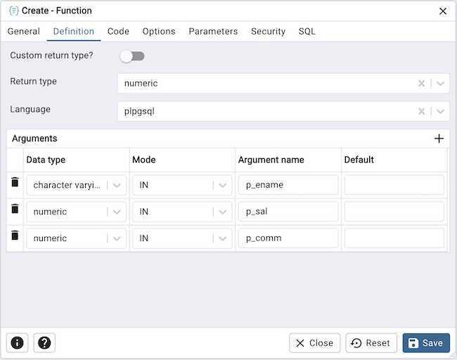 Function dialog definition tab