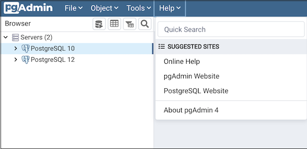 pgAdmin help menu bar