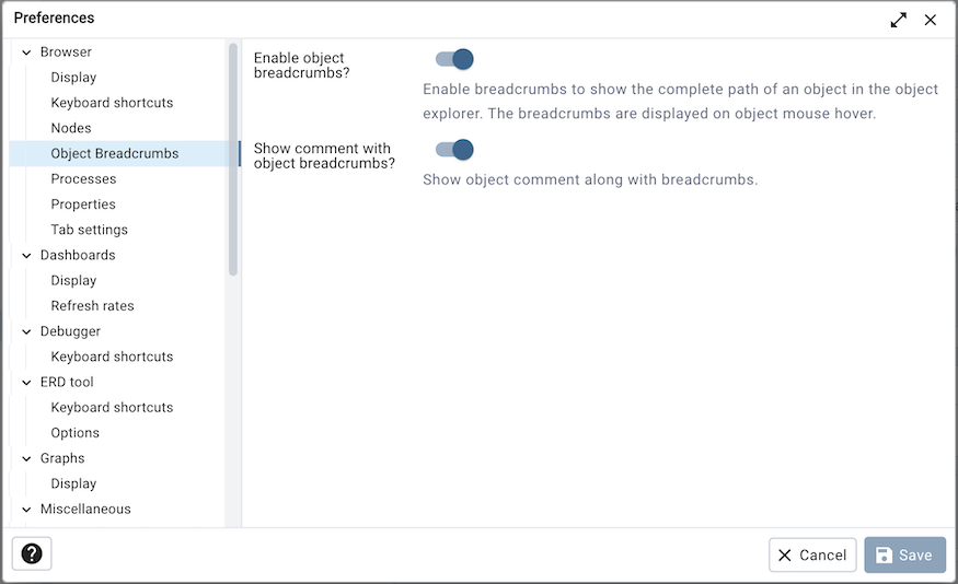 Preferences dialog object breadcrumbs section