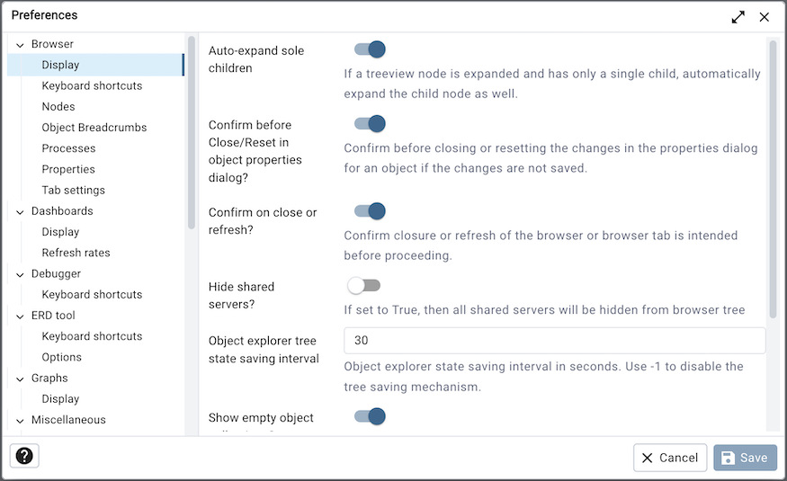 Preferences dialog browser display options