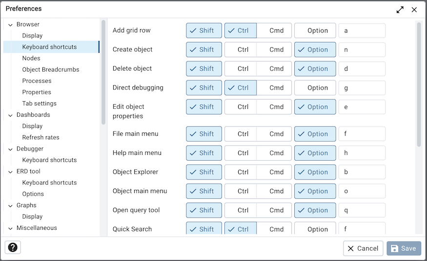 Preferences dialog browser keyboard shortcuts section