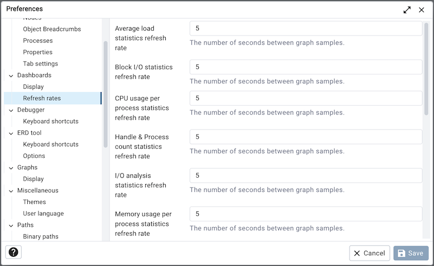 Preferences dialog dashboard refresh options