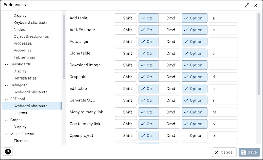 Preferences dialog erd keyboard shortcuts section