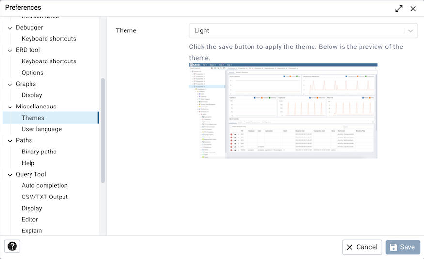 Preferences dialog themes section