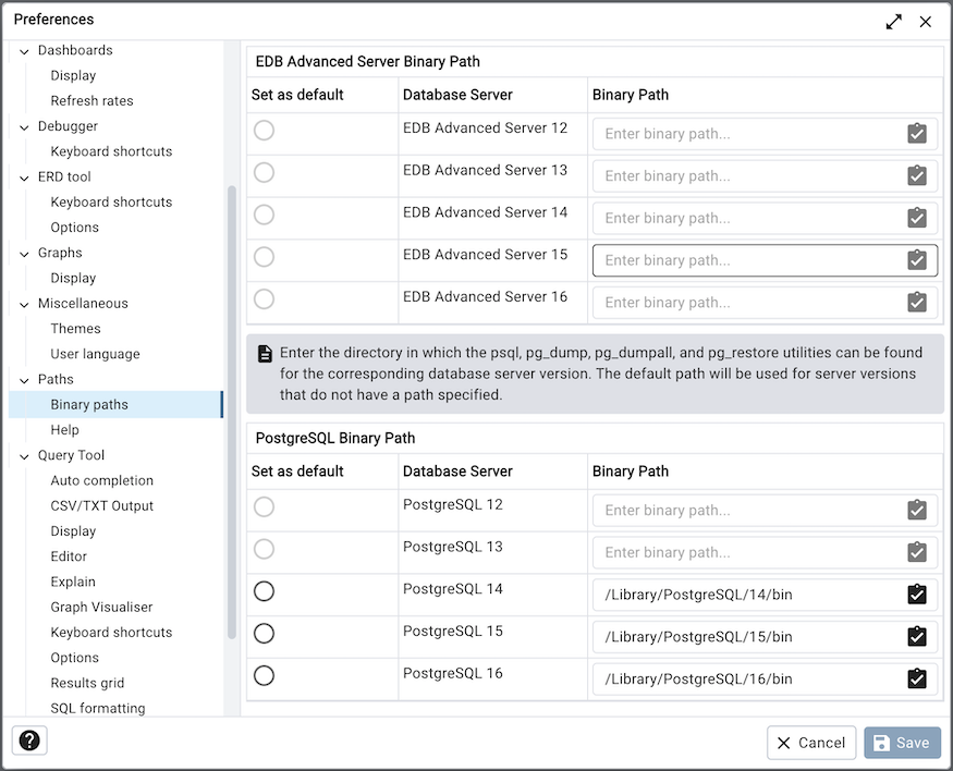 Preferences dialog binary path section