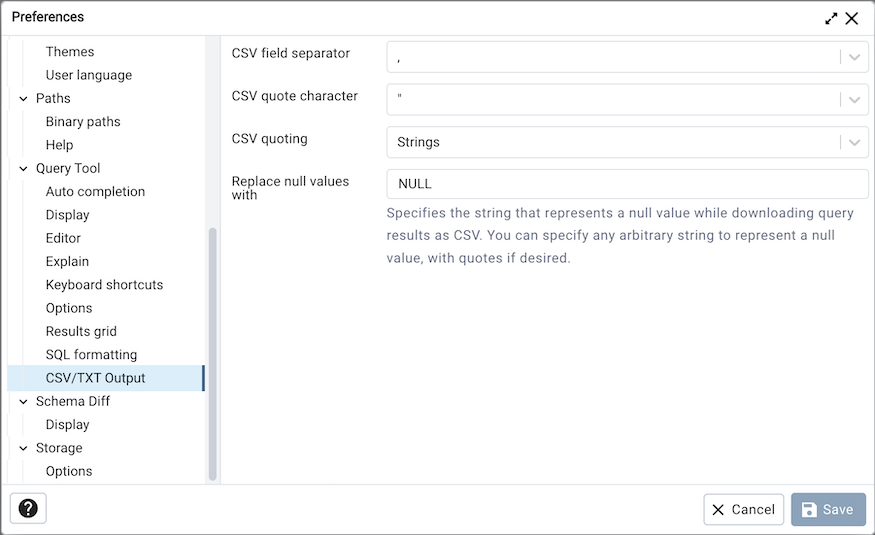 Preferences dialog sqleditor csv output option