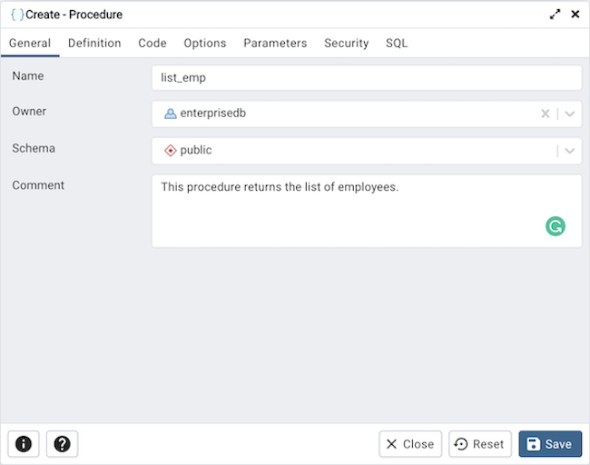 Procedure dialog general tab