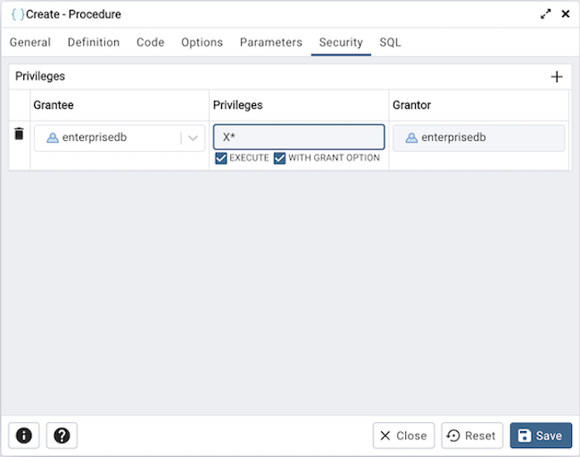 Procedure dialog security tab