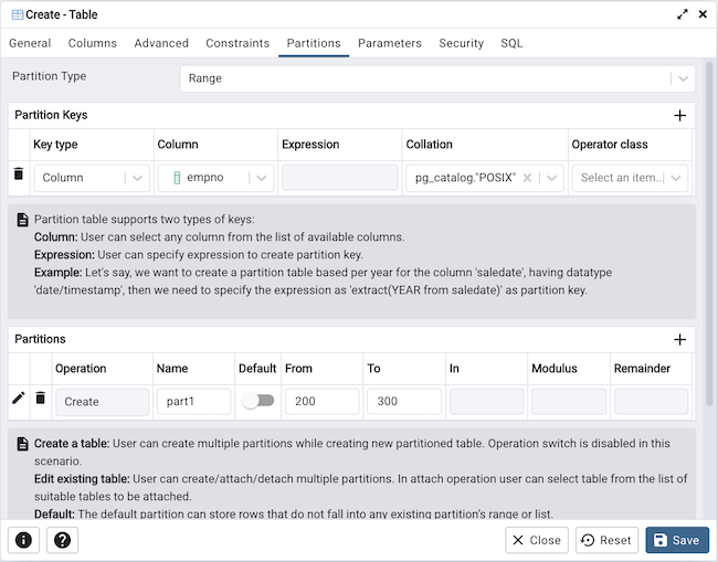 Table dialog partition tab