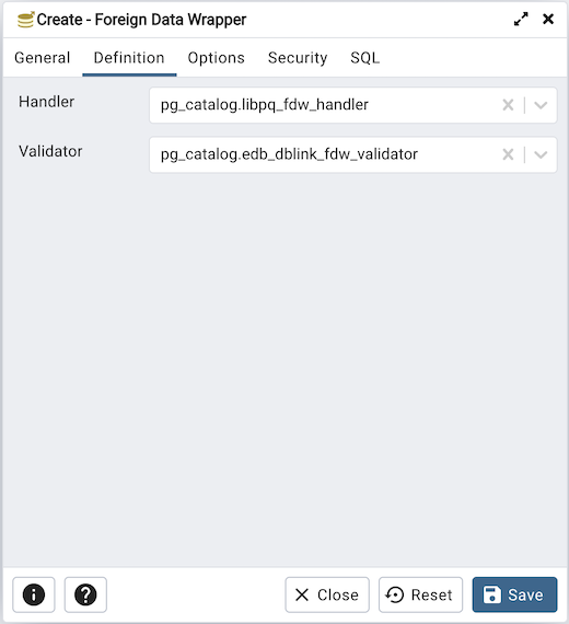 Foreign data wrapper dialog definition tab